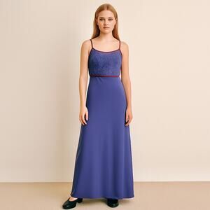 Vintage 90s Y2K Beaded Formal Dress Muted Blue Maxi Slip Gown Prom Party SMALL